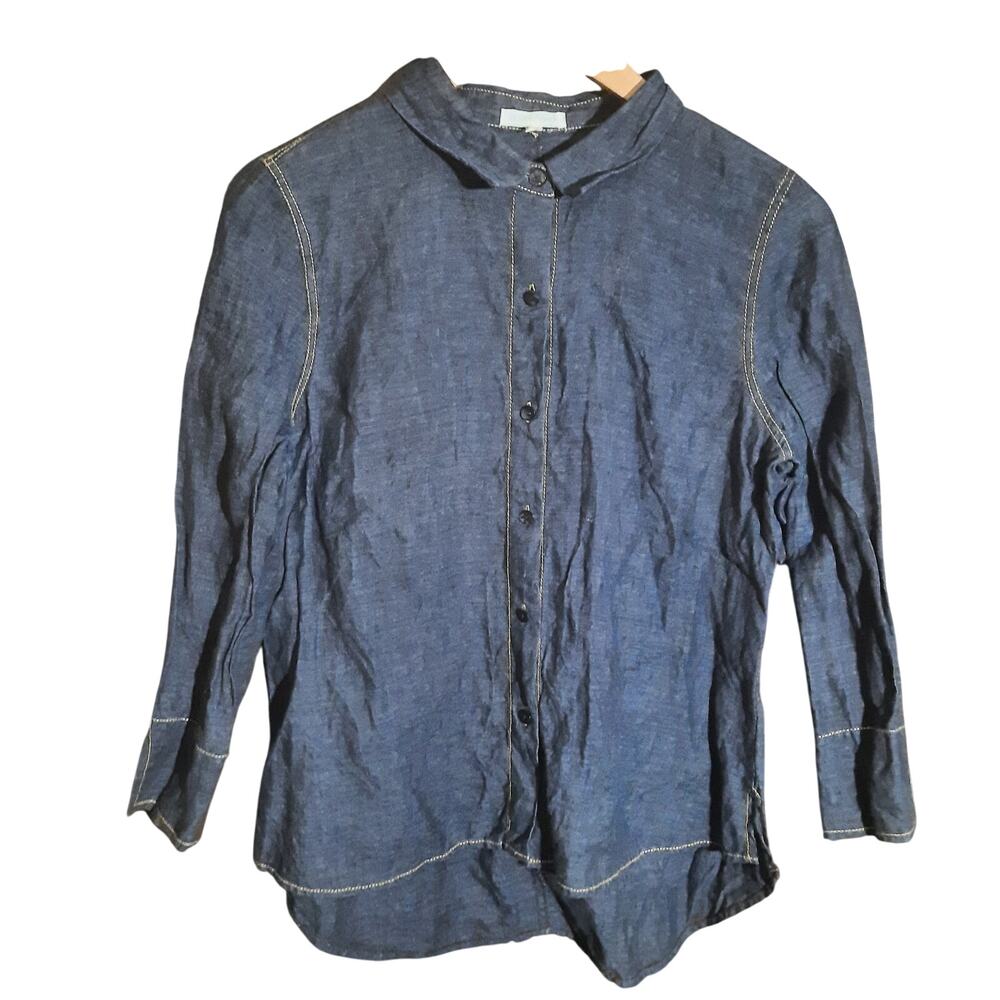 Eileen Fisher Womens Linen Button Down Indigo Contrast Top Stiching Shirt Size S